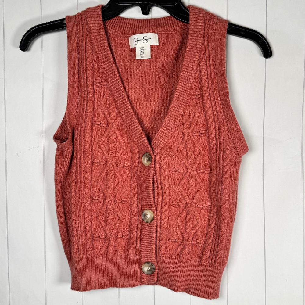 Jessica Simpson Chunky Knit Coral Button Sweater Vest Academic Chic Layering S - Picture 1 of 5